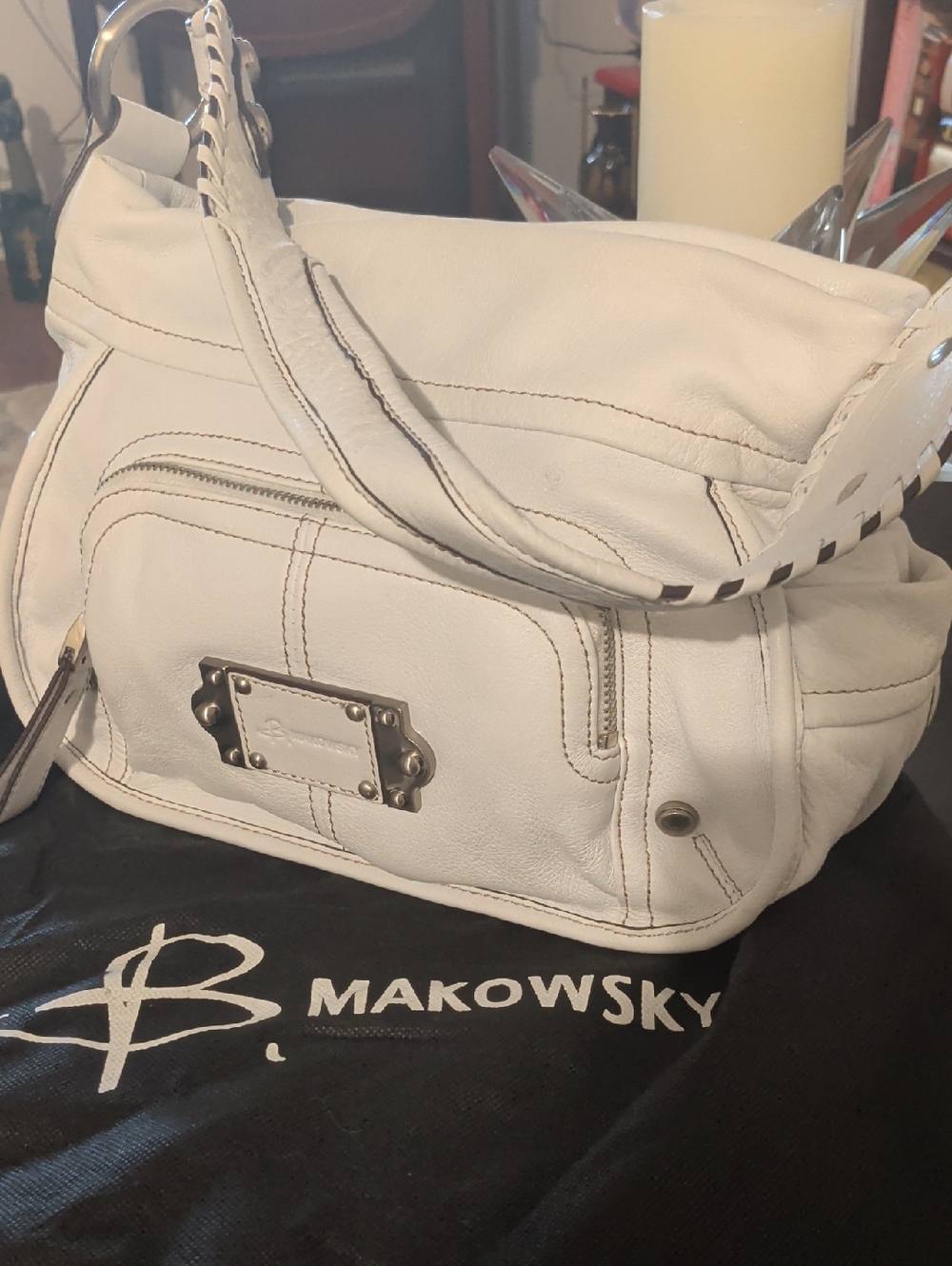 B. Makowsky White Leather Shoulder Bag - Classic Women's Handbag